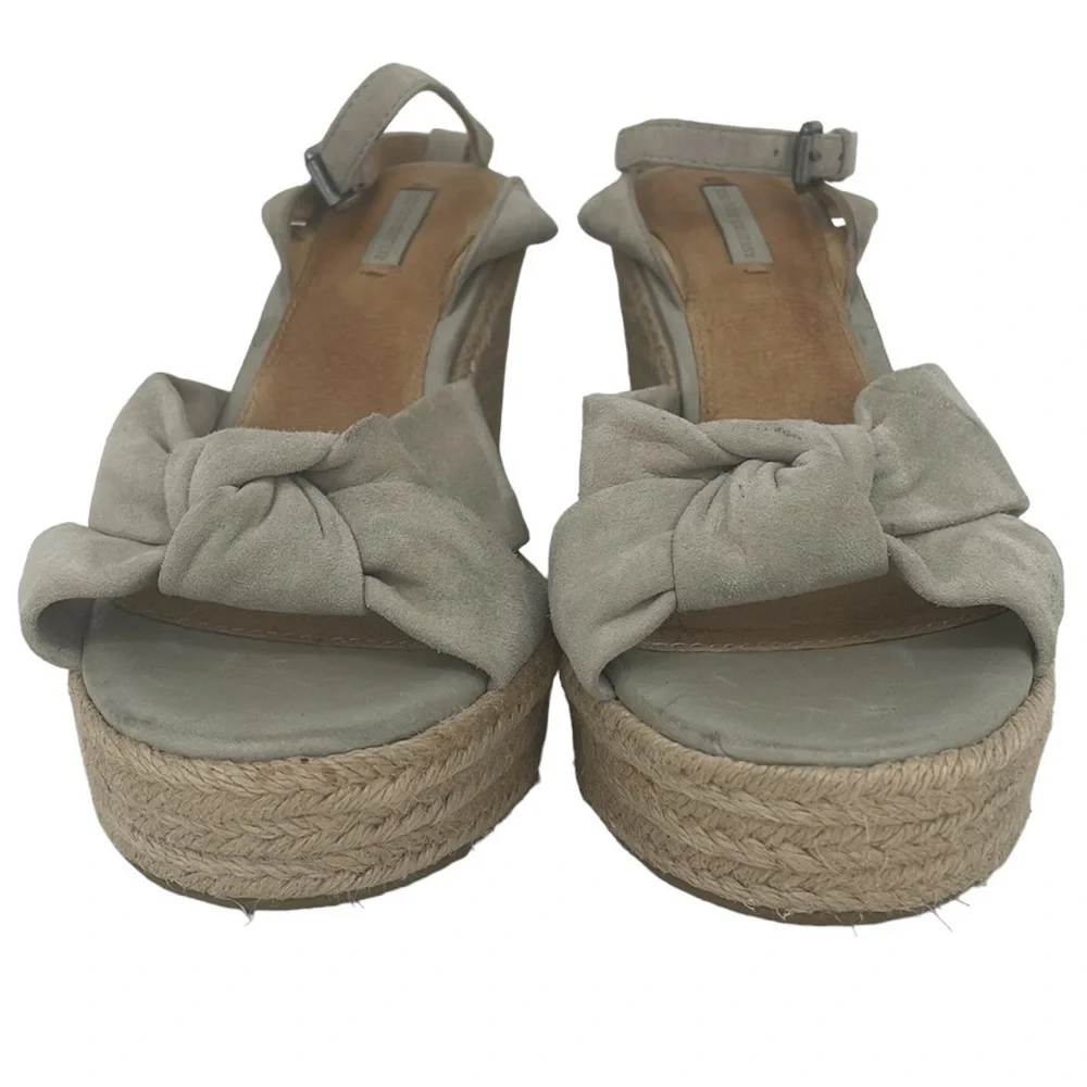 FRYE SANDALS Wedge Heel Shoes Ankle Strap Bow Tan Sage Leather Size 10